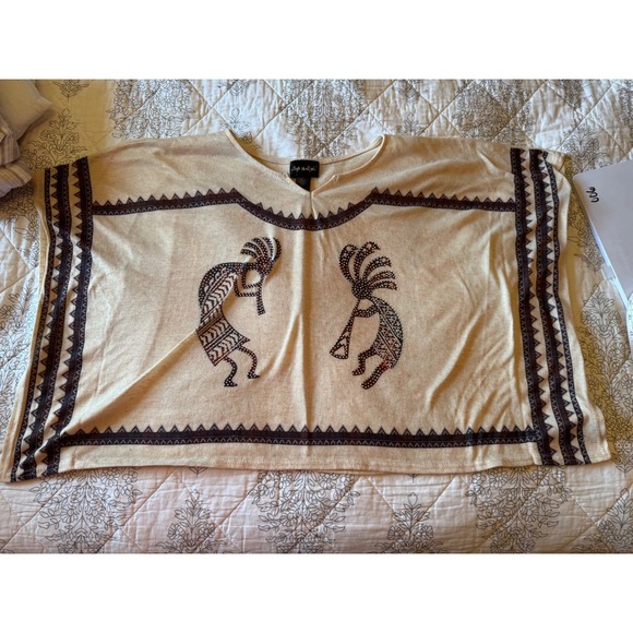 Step In Style Kokopelli Print Top Boho Festival Boxy Tunic Beige‎ Size OS - Picture 1 of 5